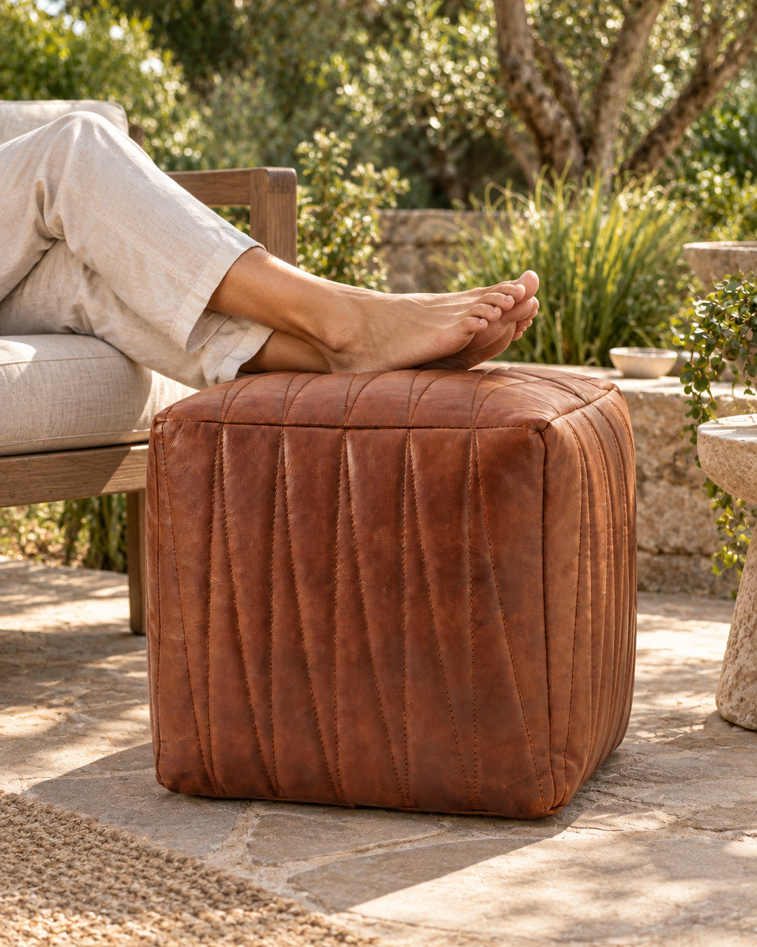 Square Full Grain Leather Pouf