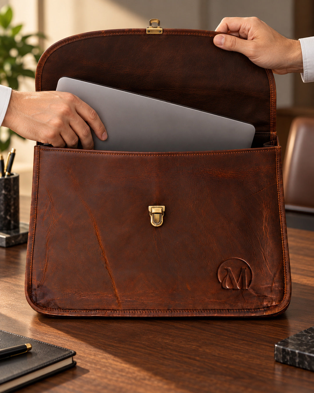 Executive Full Grain Leather Laptop Messenger Bag