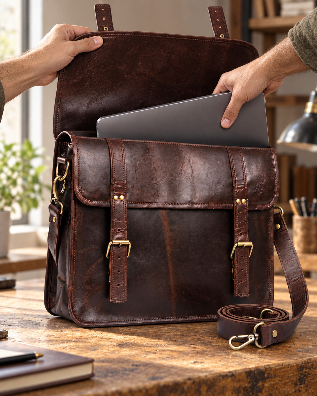 Regent Double Buckle Leather Briefcase