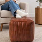 Square Full Grain Leather Pouf