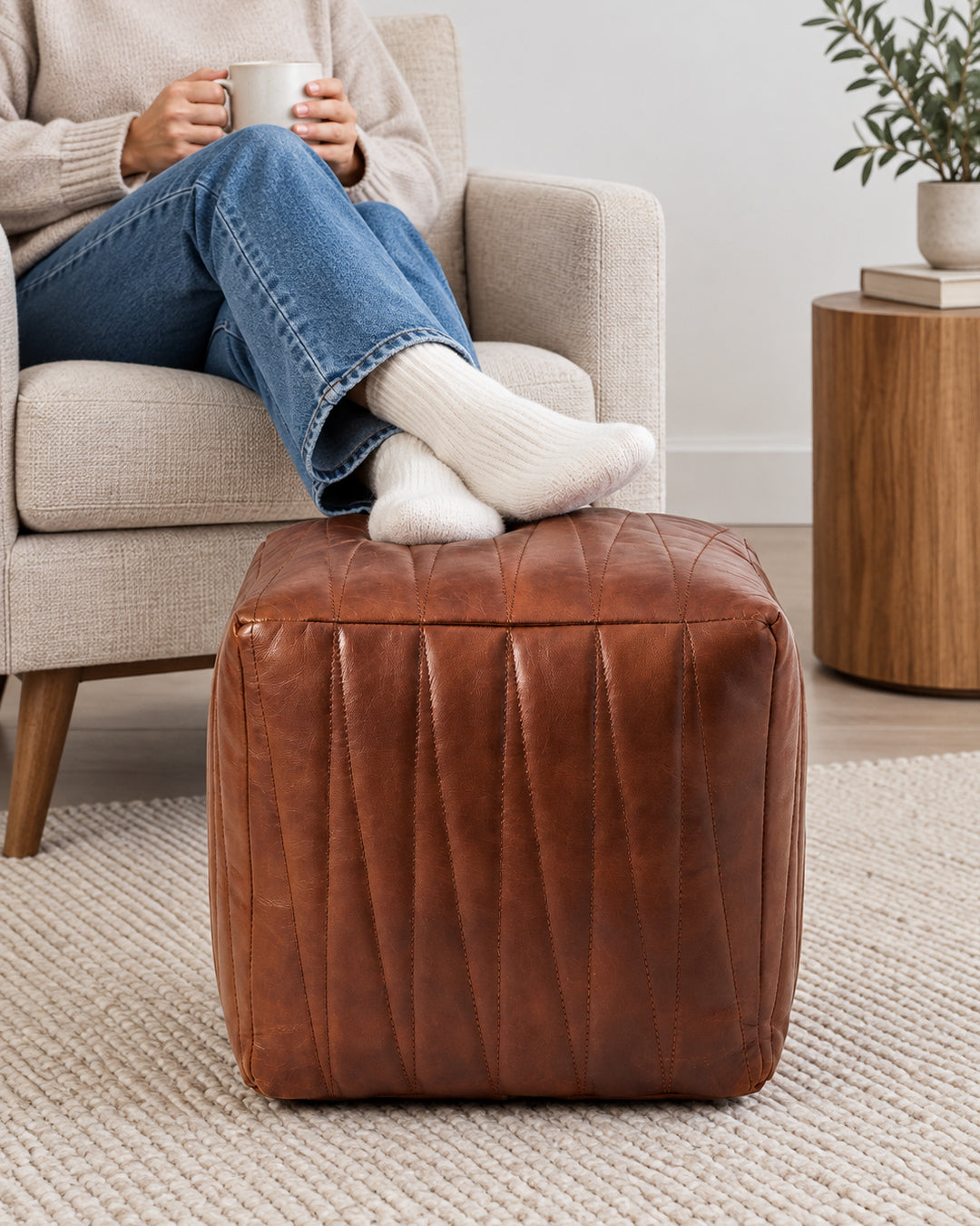 Square Full Grain Leather Pouf