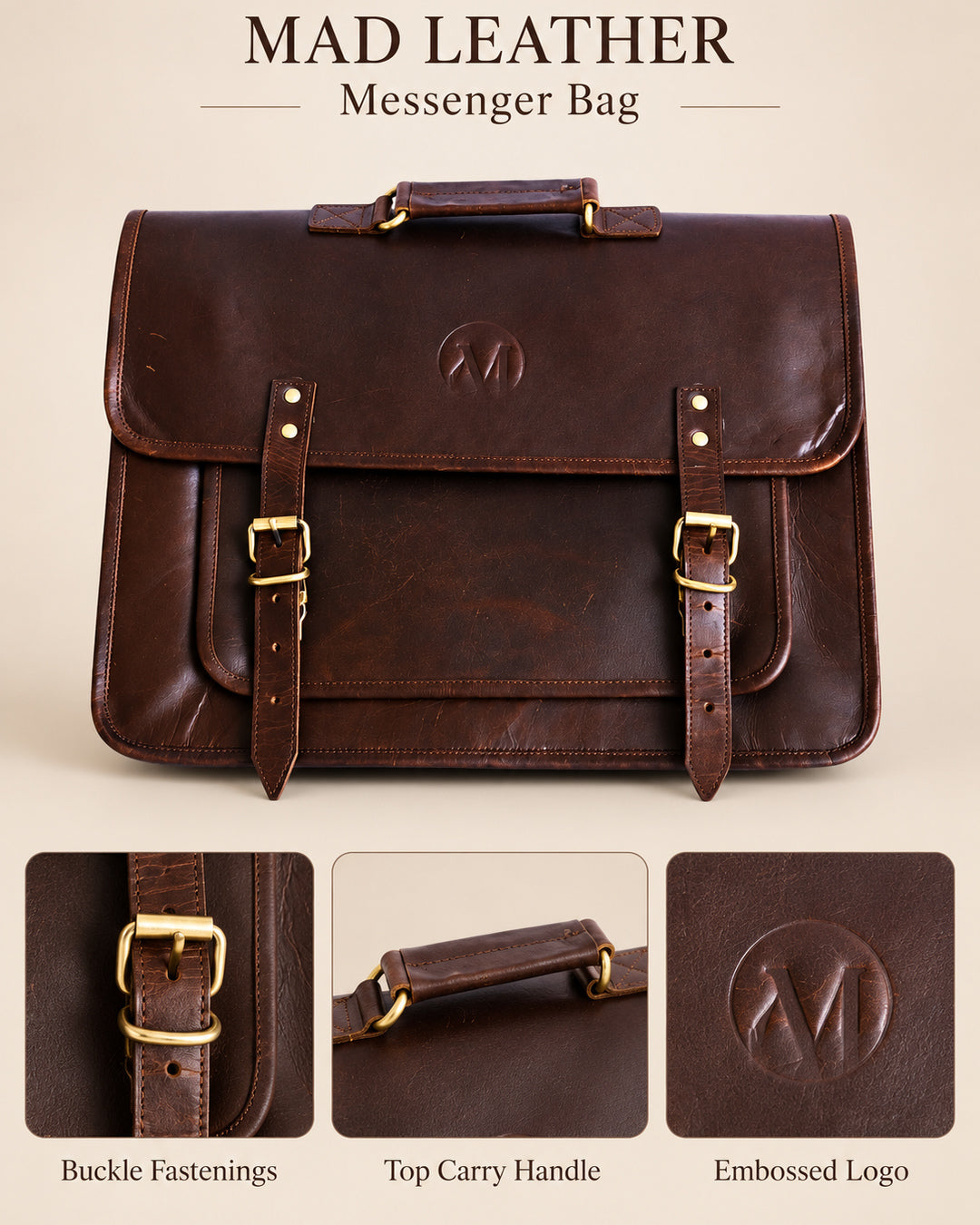 Atlas Compact Full Grain Leather Messenger Bag