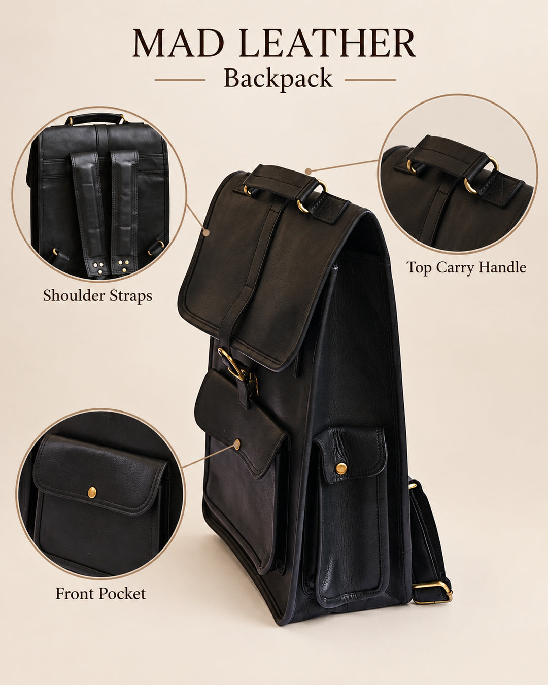 Metro Black Full Grain Leather Backpack
