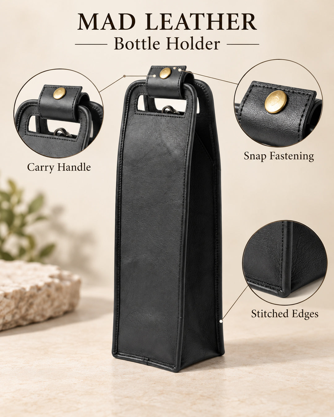 Full Grain Leather Bottle Holder in Black