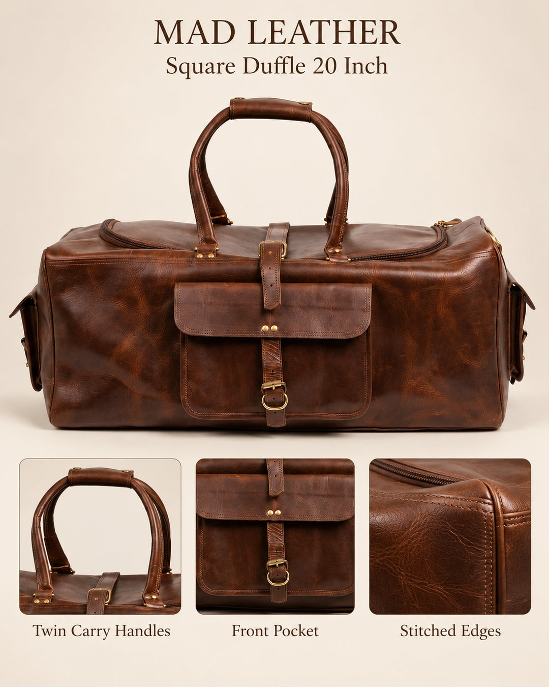 Weekender Square Full Grain Leather Duffle Bag