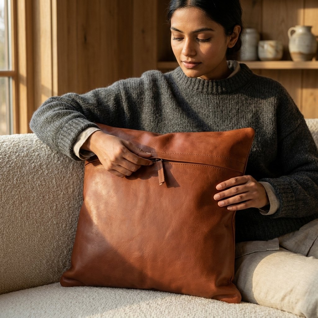 Alder Brown Leather Throw Pillow Cover