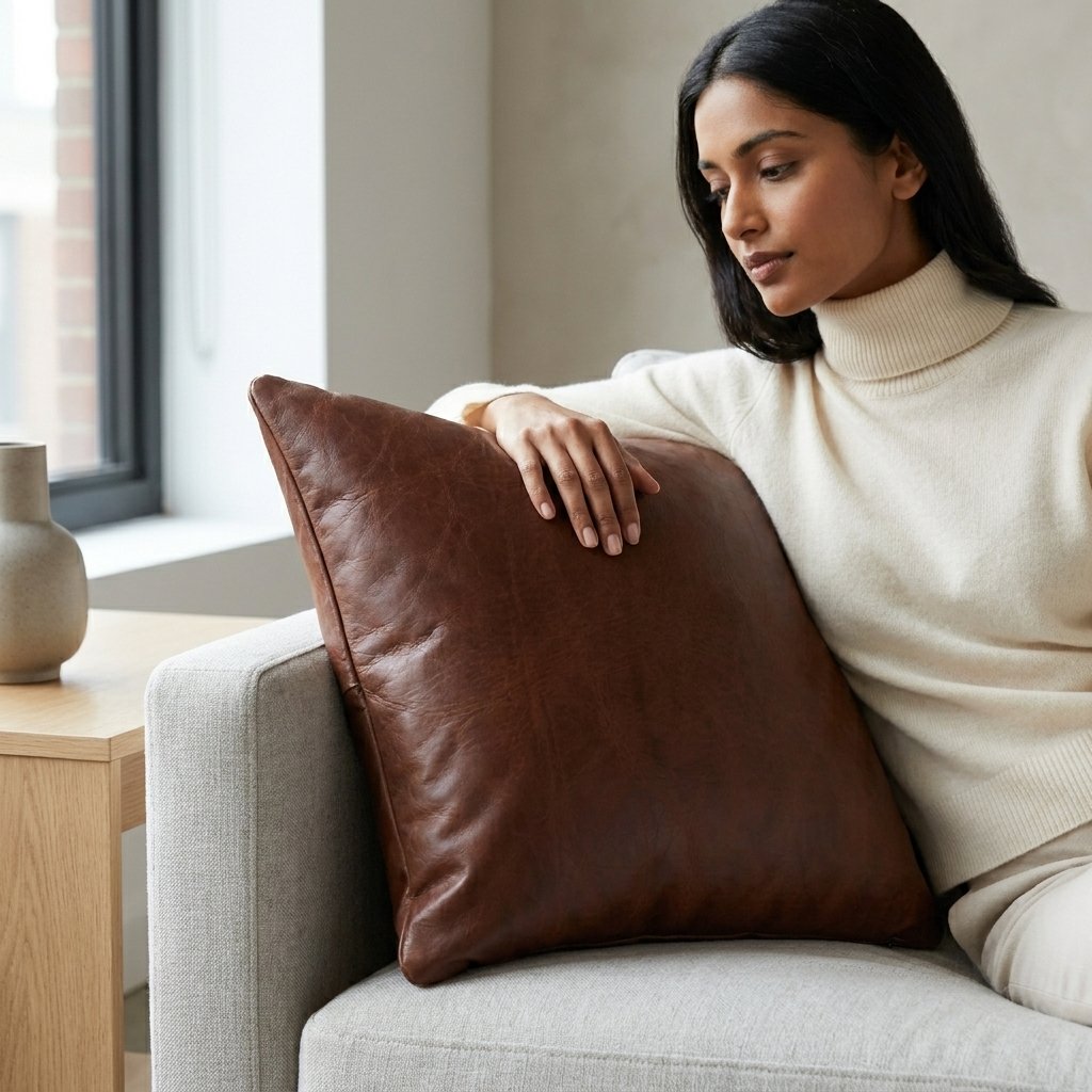 Alder Brown Leather Throw Pillow Cover