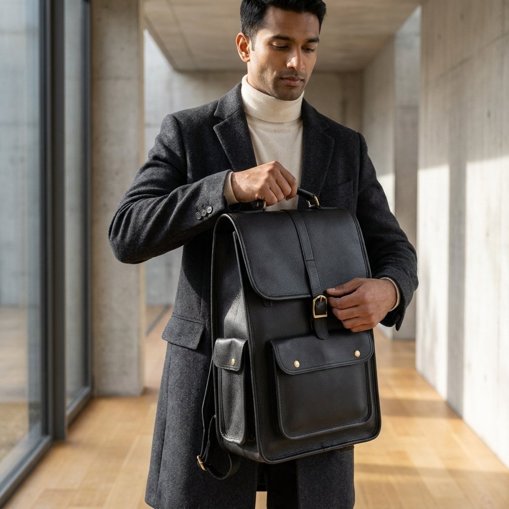Metro Black Full Grain Leather Backpack